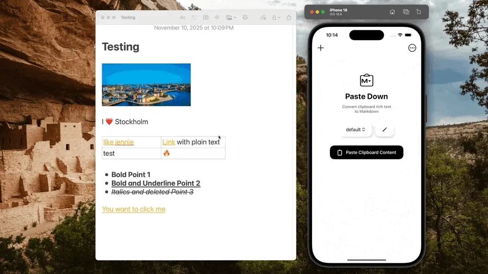 Pastedown demo: copying content from Apple Notes and converting to Markdown with automatically generated alt text