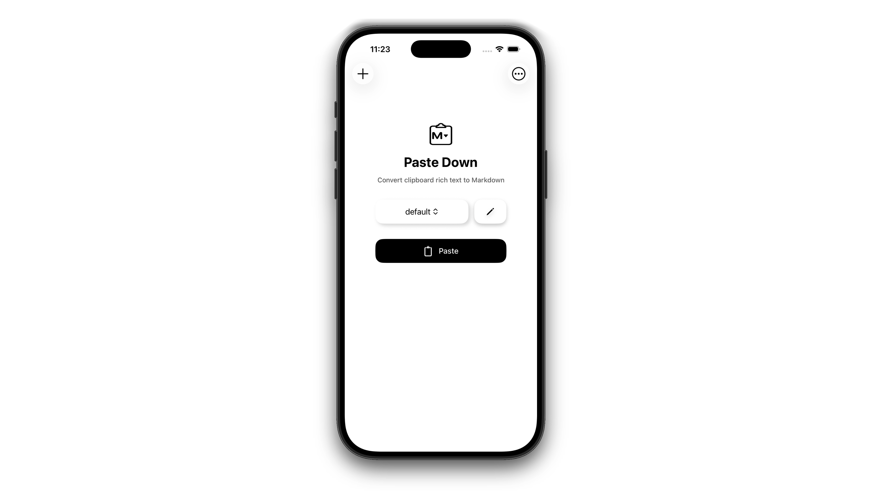 Pastedown app icon and interface: An iOS app that converts rich text from Apple Notes to properly formatted Markdown with AI-generated alt text