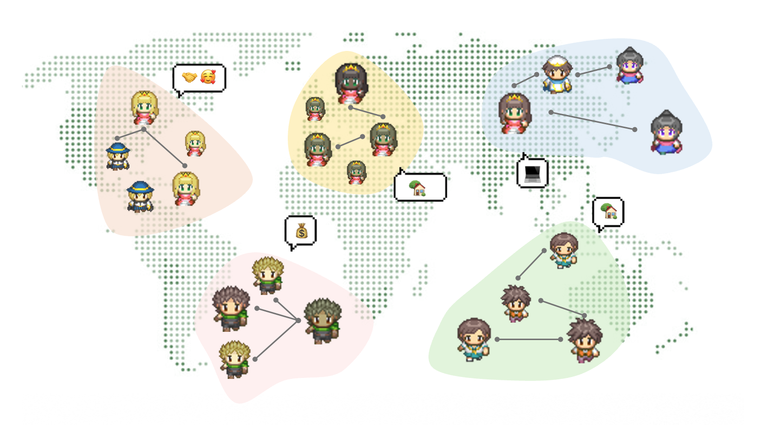 Pixel human stand on world map: Visualization comparing LLM-generated social networks with real-world networks across different countries