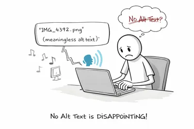 Illustration of a person annoyed by missing alt text