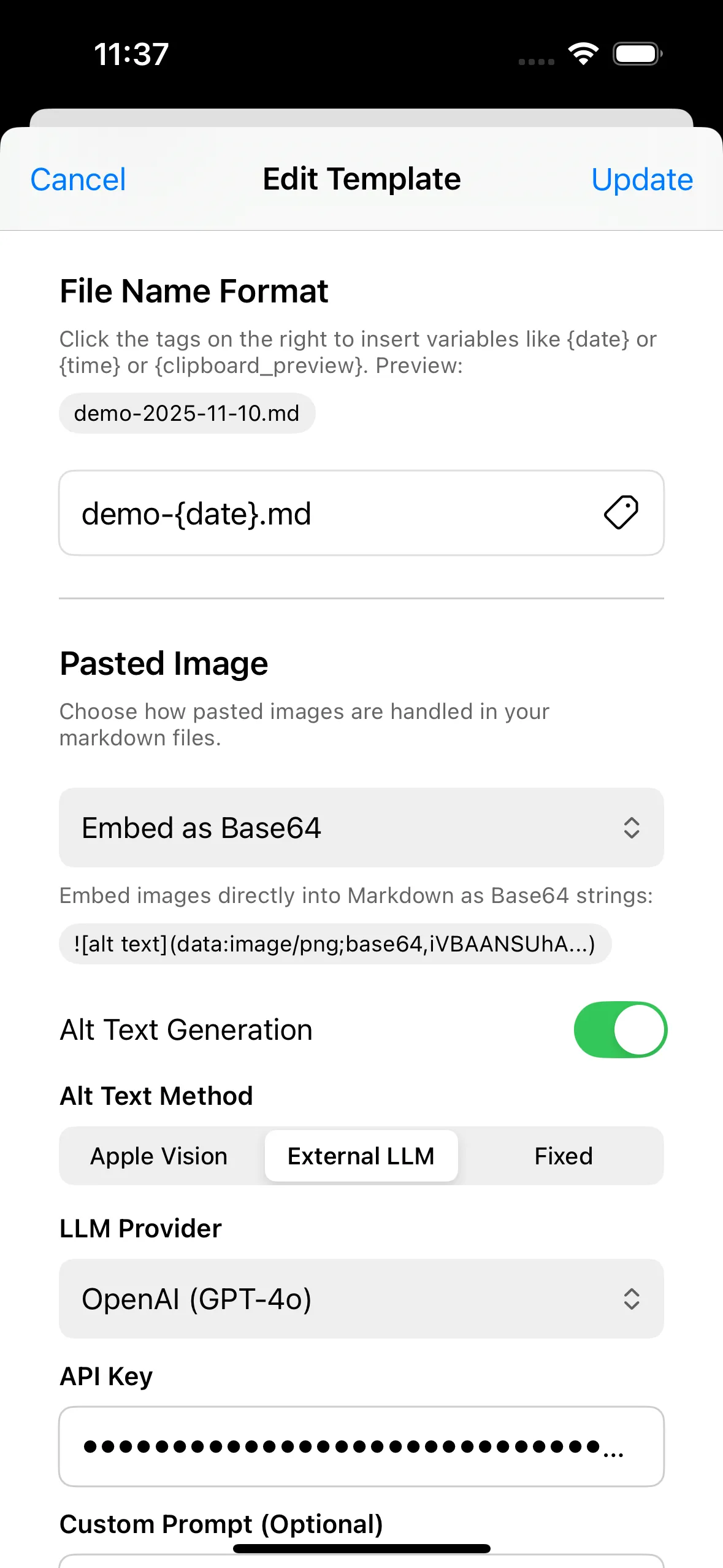 Template settings showing filename pattern and image path configuration with dynamic variables