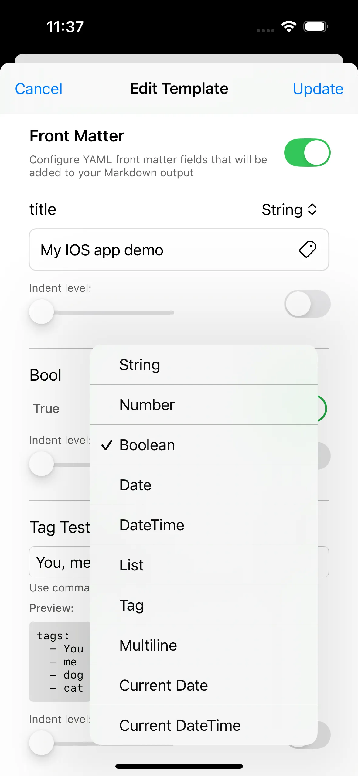 Front matter editor showing fields for title, date, tags, and draft status